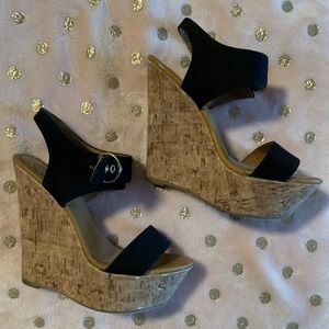 Black and Tan wedge heels with buckle